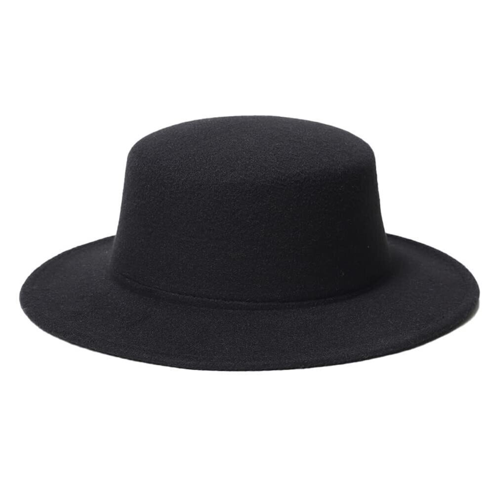 4979 Black Classic Flat Fedora Hat Vintage Wide Brim Flat Pork Pie Boater